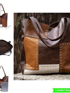 Vintage Inspired Colorblock Tote Handbag with Magnetic Closure